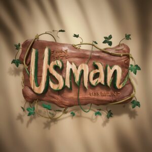 Earthy Usman logo with wooden textures and leaf accents, set against a calming, nature-inspired background."