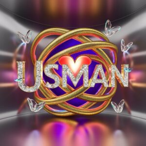 Usman Name DP with shimmering golden elements and vibrant neon lights on a sleek silver background