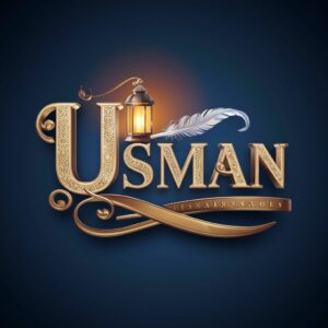 Elegant 3D Usman logo with gold scrollwork and vintage elements, highlighted on a deep navy background – refined name DP design