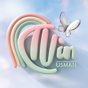 Delightful 3D Usman logo with pastel hues and playful elements, ideal for a name DP with a dreamy sky blue backdrop."