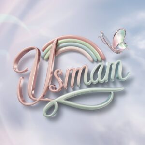 Playful Usman logo in pastel colors with a rainbow and glass butterfly, set against a light blue background – cheerful name DP