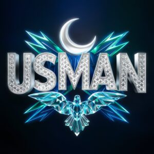 Elegant Usman Name DP featuring silver text, electric blue neon lights, and a majestic crystal eagle