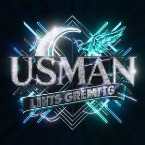 Usman Name DP in silver and neon, highlighted by a glowing crescent moon and a crystal eagle on a deep blue backdrop