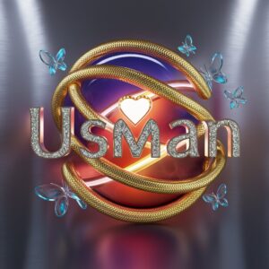 Elegant Usman Name DP featuring a gradient from royal blues to fiery reds, adorned with a glowing heart."