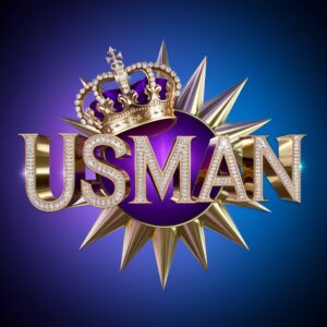 Elegant Usman Name DP with gold and royal purple gradient, crowned in a neon blue background."