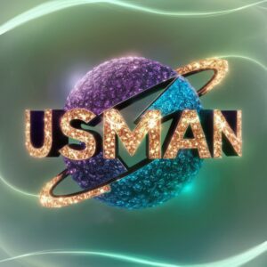 Cosmic Usman Name DP with starry letters in deep purples and blues on a neon green background."