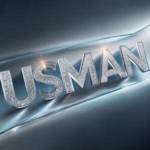 Usman logo in frosted glass with a cool blue and silver gradient, set against a smooth reflective backdrop