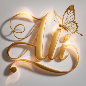 Graceful 3D 'Ali' name DP in smooth gold script, highlighted by a glowing butterfly on a pure white backdrop."