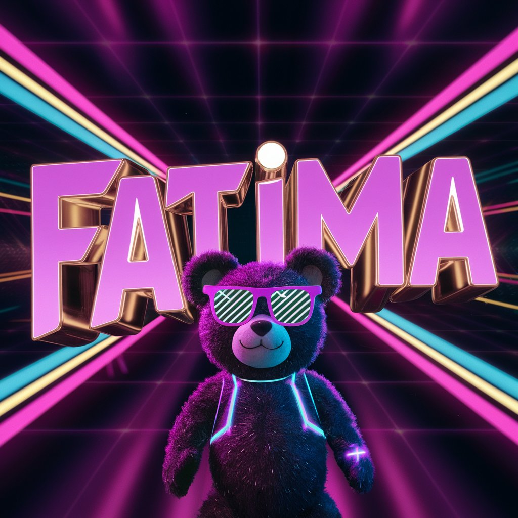 Vintage neon 'Fatima' surrounded by a futuristic teddy bear and vibrant light trails."