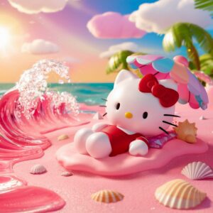 Bright pink beach scene with Hello Kitty, sparkling ocean, and seashells – Wallpaper."