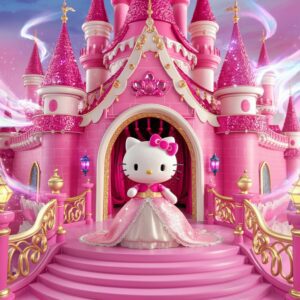 3D pink castle scene featuring Hello Kitty with majestic towers and shimmering details – Wallpaper."