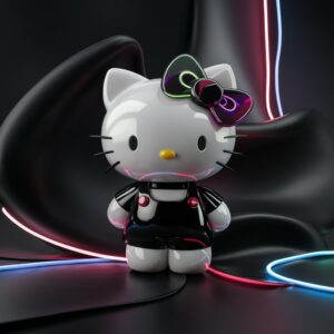 Hello Kitty in a stylish black outfit with neon highlights, 3D wallpaper with a modern neon light background."