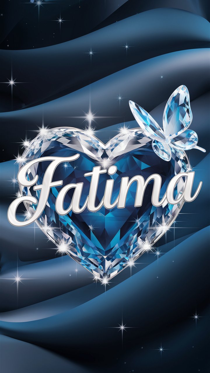 Celestial 'Fatima' wallpaper with shimmering stars and glowing heart, set against a midnight blue backdrop."