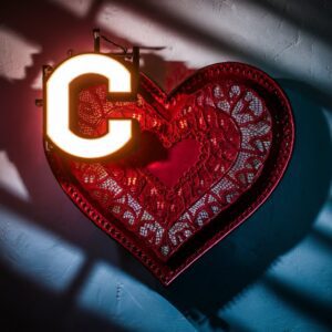 Crimson heart with a prominent 'C' in the top left corner, glowing for a personalized name DP."