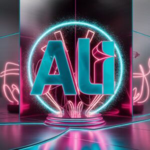 Futuristic Ali DP name in glowing turquoise and magenta neon lights, with an electric aura."