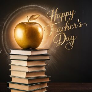 "Golden apple and book design with a glowing 'Happy Teacher's Day' message, symbolizing knowledge and gratitude."