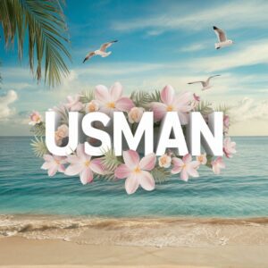 Tranquil beach scene featuring "Usman" in delicate 3D letters, set against a soft blue sky and gentle waves.