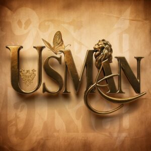 Vintage 3D 'Usman' logo with antique bronze letters, golden butterfly, and intricate 3D lion."