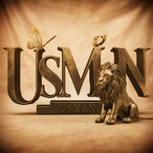 Elegant bronze 'Usman' with a golden butterfly and lion, set against a vintage parchment backdrop."