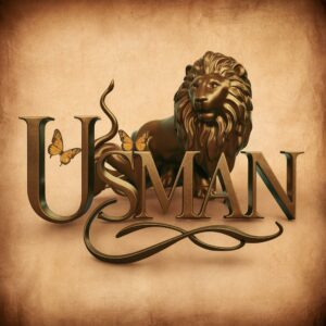 Classic 'Usman' logo in aged bronze with a golden butterfly and regal 3D lion on parchment."