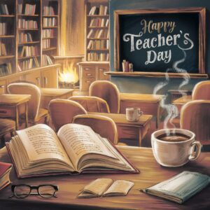 Book lover’s paradise with a classic 'Happy Teacher's Day' message and a cozy classroom setting