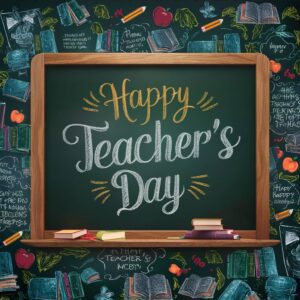 Vintage classroom chalkboard with beautiful chalk lettering and playful doodles celebrating Teacher's Day."