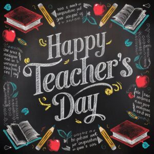 Hand-drawn chalk lettering saying 'Happy Teacher's Day' on a vintage chalkboard surrounded by colorful doodles."