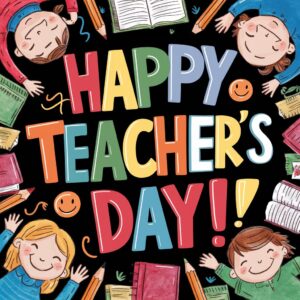 Playful 'Happy Teacher's Day' template with vibrant colors and smiling students, full of energy and fun