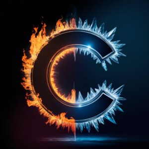 Dynamic C letter DP featuring fire and ice elements."