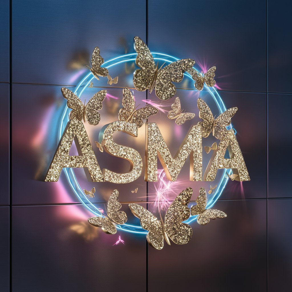 Glowing "Asma" logo with golden butterflies and neon lights, set against a silver wallpaper for a luxurious look.