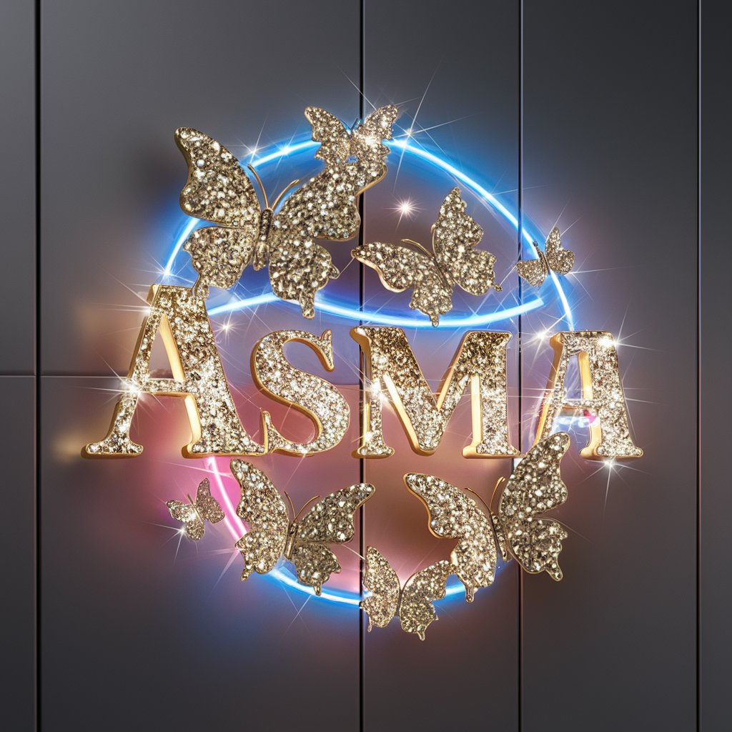 Asma" logo with golden butterflies and neon lights, glowing warmly on a silver wallpaper.