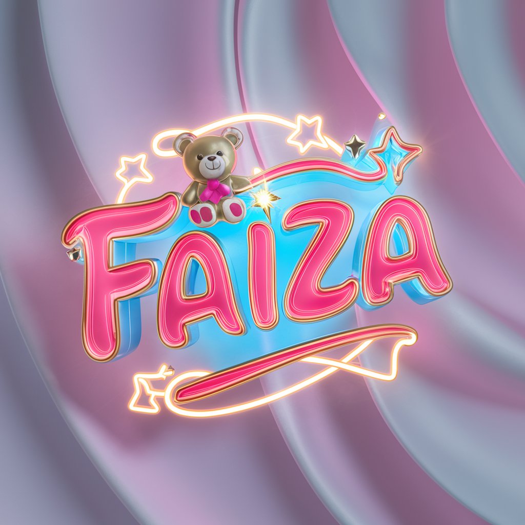 Neon-lit Faiza logo with cute teddy bear and glowing star accents."