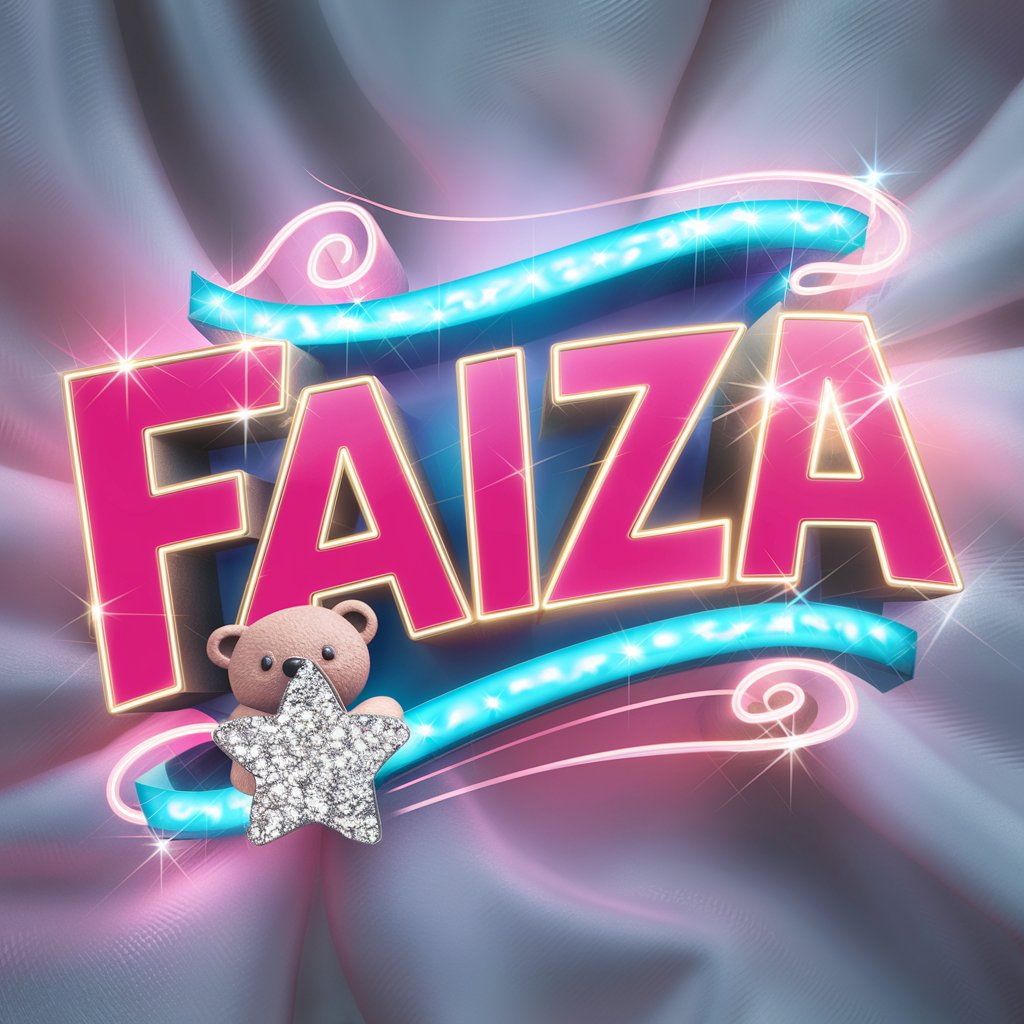 Faiza logo in neon pink and blue with glowing teddy bear and star."