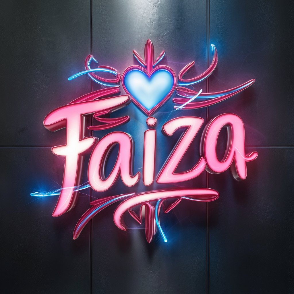 Neon pink and blue 3D logo for Faiza with a glowing heart, perfect for vibrant wallpapers."