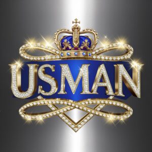 Usman logo in shimmering gold with royal blue accents and a majestic crown on a glowing silver backdrop."