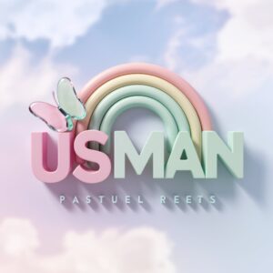 Pastel-themed Usman logo with gentle pink and mint green gradients, whimsical rainbow, and glass butterfly – fun name DP design."