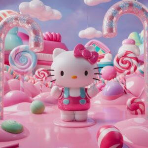 Hello Kitty in a 3D candy land with pastel sweets and twinkling lights – Pink Wallpaper."