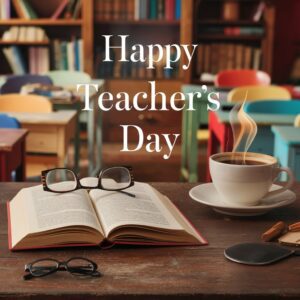 Cozy scene with an open book, glasses, and coffee, featuring a classic 'Happy Teacher's Day' message