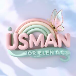 Whimsical Usman name logo with pastel gradient, rainbow, and glass butterfly, perfect for a light and friendly name DP."