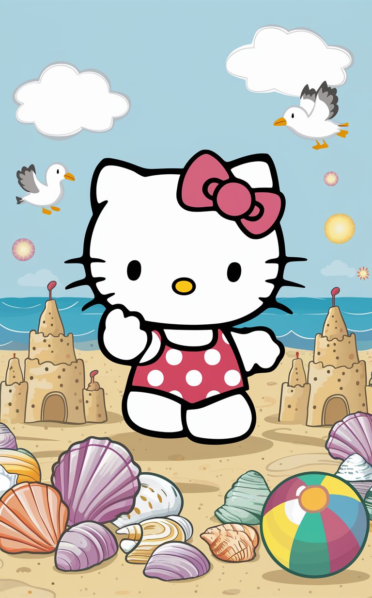 Hello Kitty enjoying a day at the beach with a beach ball and sunny sky, wallpaper."