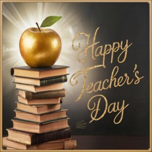 Luxurious Teacher's Day template featuring a golden apple and elegant lettering on a soft, glowing background