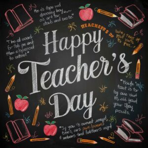 Elegant chalkboard design with 'Happy Teacher's Day' written in artistic chalk, framed by classroom doodles."