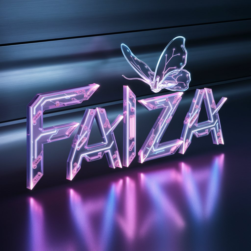 High-tech "Faiza" 3D logo in neon blues and purples with glowing butterfly. Perfect for a sleek, modern wallpaper