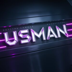 Futuristic Usman logo with vibrant neon colors, geometric designs, and a glossy black background."