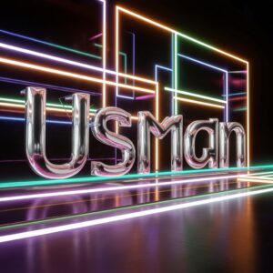 Futuristic Usman Name DP with glass letters surrounded by glowing neon light trails