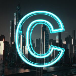 Bright neon C letter on a dark DP background."