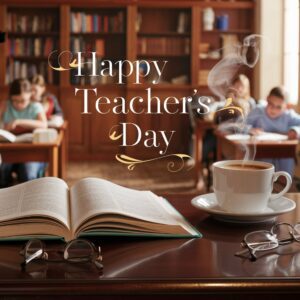 Comforting scene with books, coffee, and glasses, centered around a heartfelt 'Happy Teacher's Day' message."