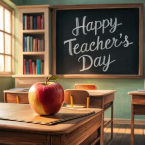 Classic classroom template featuring a chalkboard with 'Happy Teacher's Day' in neat chalk handwriting