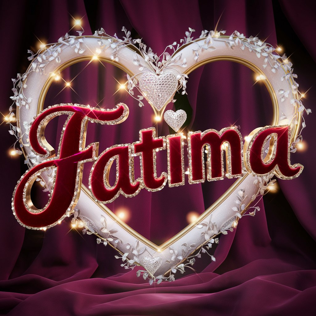 Burgundy 'Fatima' adorned with gold and crystal hearts, highlighted by a grand heart-shaped frame and glowing lights