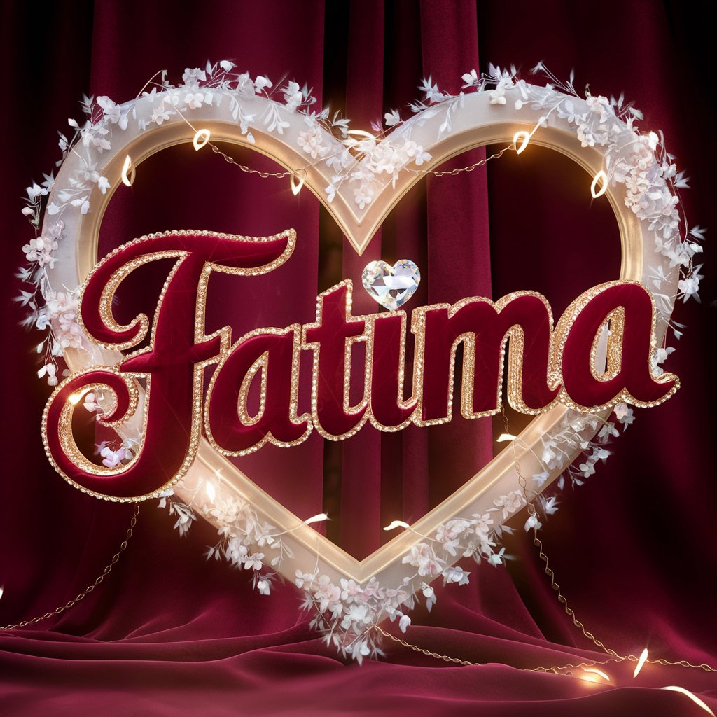 Rich burgundy 'Fatima' with shimmering gold hearts and a grand heart-shaped frame, glowing lights included."